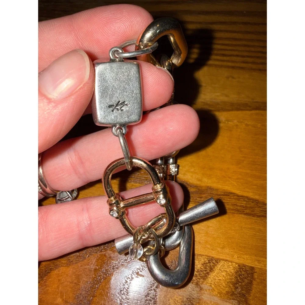 Kenneth Cole Mixed Metal Chain Link Bracelet Amber Stone Crystal Toggle 8.25in
